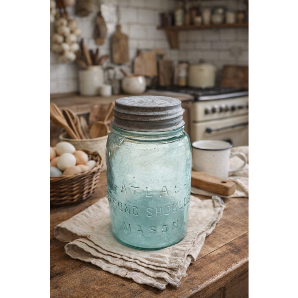 Vintage Atlas Strong Shoulder Mason Jar Quart Aqua Glass w/ Zinc Lid